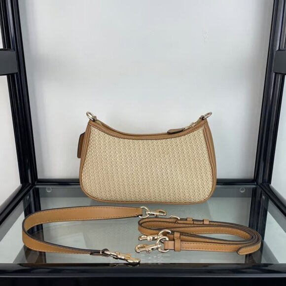 COACH Teri 2way Shoulder Bag Crossbody Straw/Leather Latte CR350 - Picture 3 of 7
